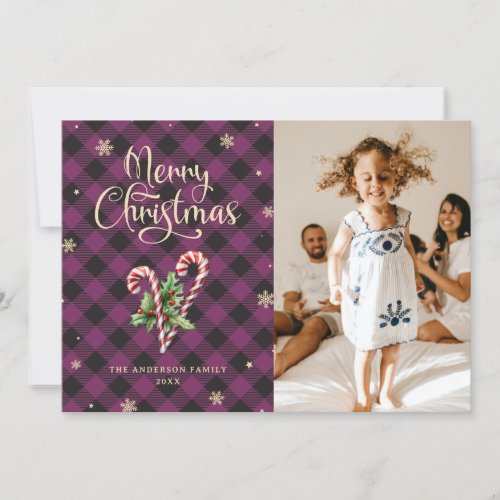 Merry Christmas Candy Cane Holly Snowflakes Photo Holiday Card