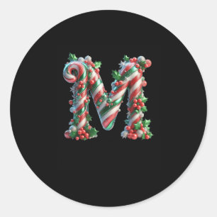 Merry Christmas Candy Cane Letter M Premium Classic Round Sticker