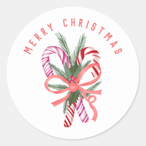 Merry Christmas candy cane pine mistletoe drawing Classic Round Sticker