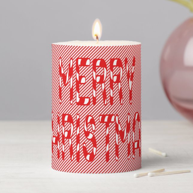 Merry Christmas Candy Cane Red & White Stripes Pillar Candle (In Situ)