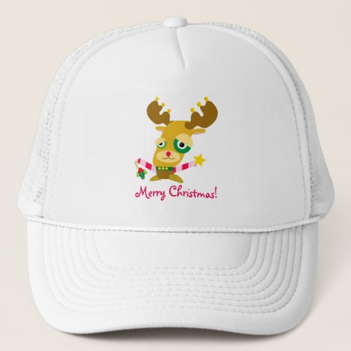 Merry Christmas Candy Cane Reindeer Cartoon Trucker Hat