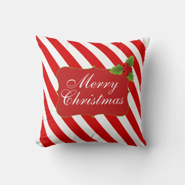 Merry Christmas Candy Cane Stripes Throw Pillow (Front)