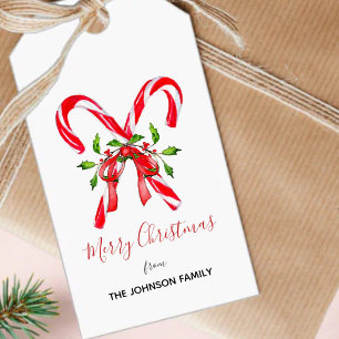 Merry Christmas Candy cane with Holly leaves Gift Tags