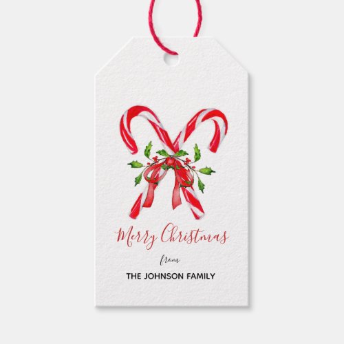 Merry Christmas Candy cane with Holly leaves Gift Tags