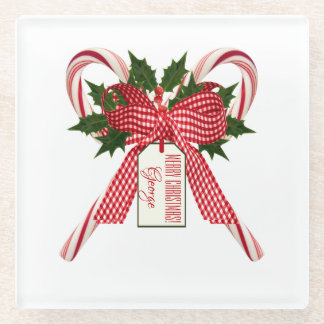 Merry Christmas Candy Canes Bouquet Glass Coaster