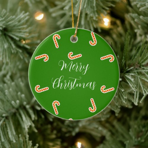 Merry Christmas candy canes green Ceramic Ornament