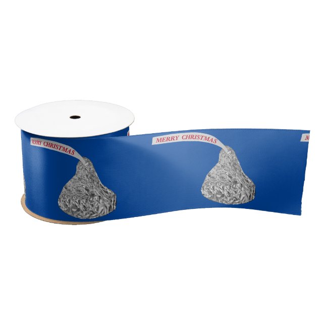 Merry Christmas Candy Kiss On Blue Satin Ribbon (Spool)