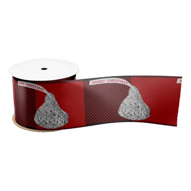 Merry Christmas Candy Kiss On Plaid Satin Ribbon (Spool)