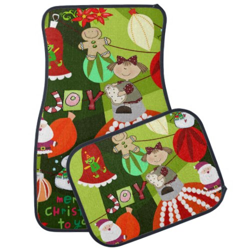 Merry Christmas Car Mat Green Red Stripe Stars