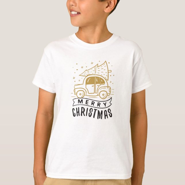 Merry Christmas Car Tree Gold Black Cute T-Shirt (Front)