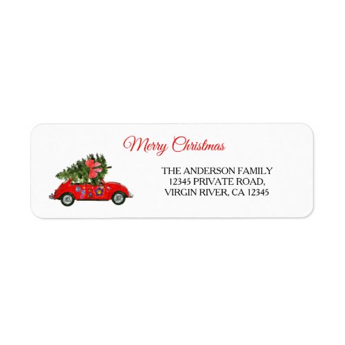 Merry Christmas car with tree white red beetle Label