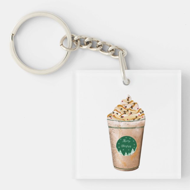 Merry Christmas Caramel Drizzled Latte Keychain (Front)