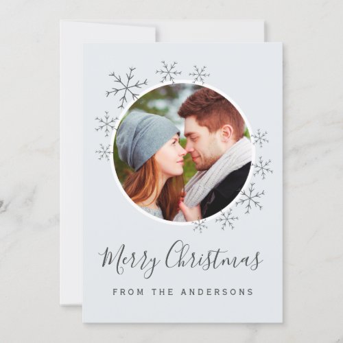 Merry Christmas card blue gray with snowflakes 