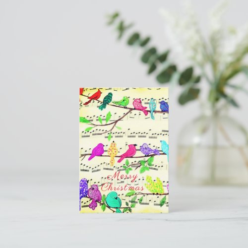 Merry Christmas Card Colorful Musical Birds Song