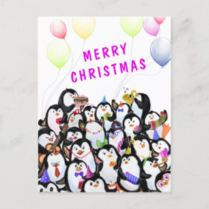 Merry Christmas Card Happy Penguins Party