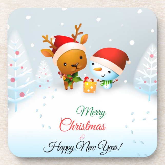 Merry Christmas Card Throw Pillow Beverage Coaster (Front)