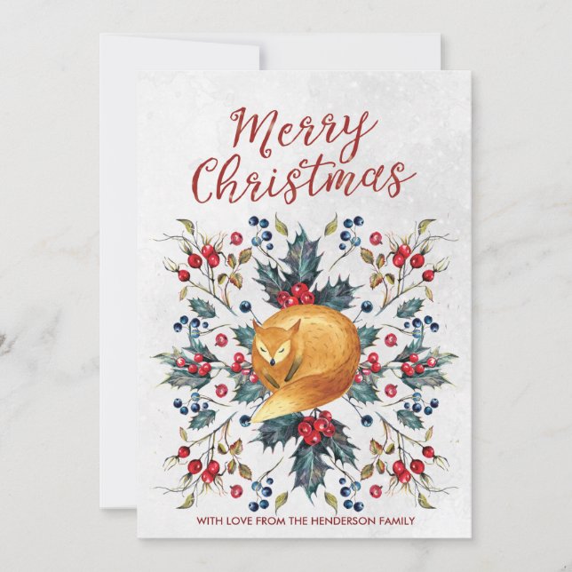 merry christmas card winter holly berries fox (Front)