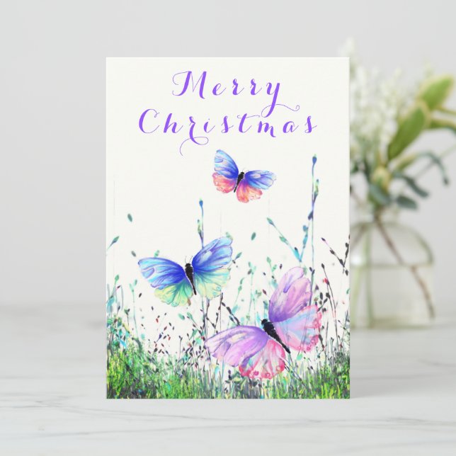 Merry Christmas Card with Butterflies Flying Joy (Standing Front)