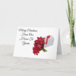 Merry Christmas card with mailbox and poinsettias