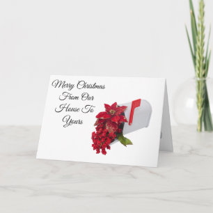 Merry Christmas card with mailbox and poinsettias