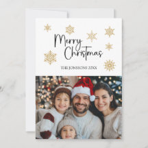 Merry Christmas Card with Photo & Gold Snowflakes