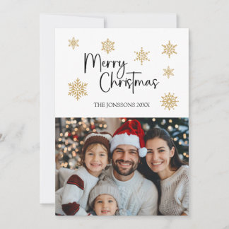 Merry Christmas Card with Photo & Gold Snowflakes
