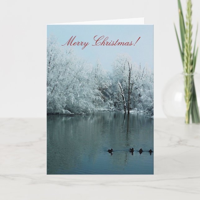 Merry Christmas card with snow, pond, and ducks (Front)