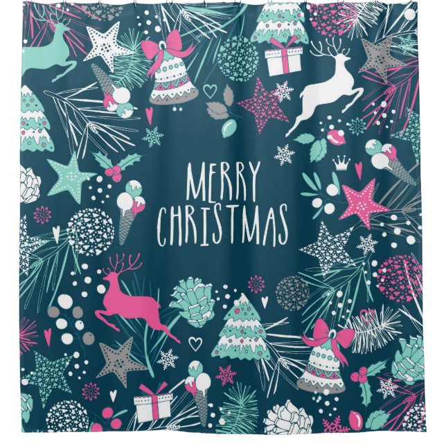 Merry Christmas card with snowflakes and Xmas symb Shower Curtain (Front)