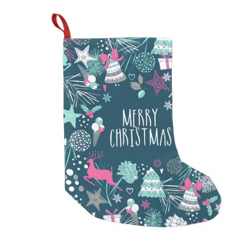 Merry Christmas card with snowflakes and Xmas symb Small Christmas Stocking