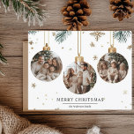 Merry Christmas Card with Three Ornaments Photos<br><div class="desc">Celebrate the season with this elegant Merry Christmas card featuring three charming ornament designs, each showcasing a custom photo. The festive layout beautifully frames your favorite memories, perfect for spreading holiday cheer. Personalize the card with your photos and a heartfelt message, making it a unique keepsake for family and friends....</div>