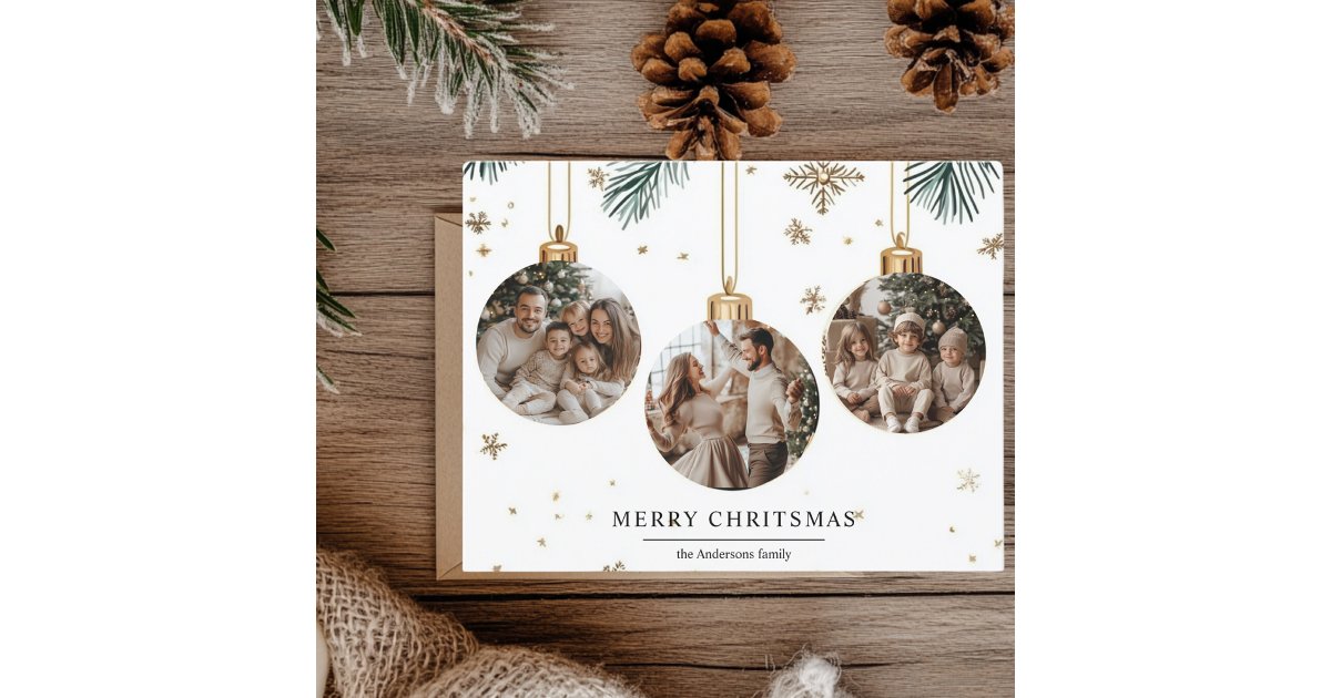 Merry Christmas Card with Three Ornaments Photos | Zazzle