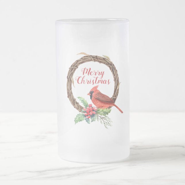 Merry Christmas Cardinal and Holly Frosted Glass Beer Mug (Center)