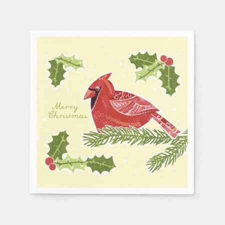 Merry Christmas Cardinal Bird On Branch With Holly Napkins
