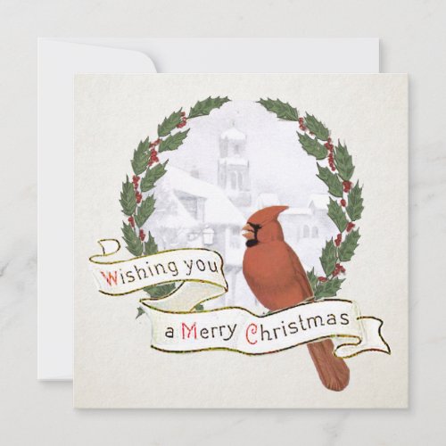 Merry Christmas Cardinal Bird Vintage Holly Wreath Holiday Card