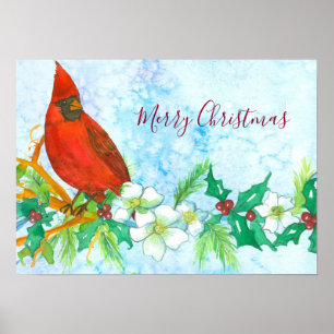 Merry Christmas Cardinal Bird Watercolor Poster