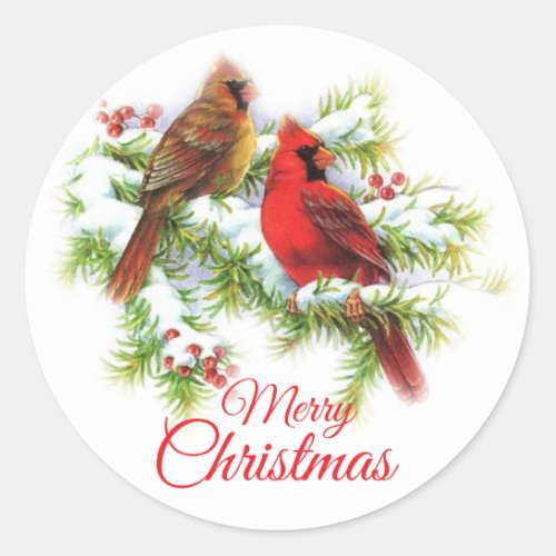 Merry Christmas Cardinal Birds In Tree Classic Round Sticker
