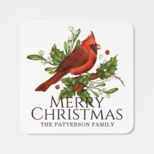 Merry Christmas Cardinal Custom Name Square Sticker