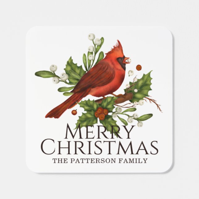 Merry Christmas Cardinal Custom Name Square Sticker (Single)