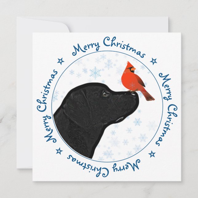 Merry Christmas Cardinal Dog Black Labrador Holiday Card (Front)