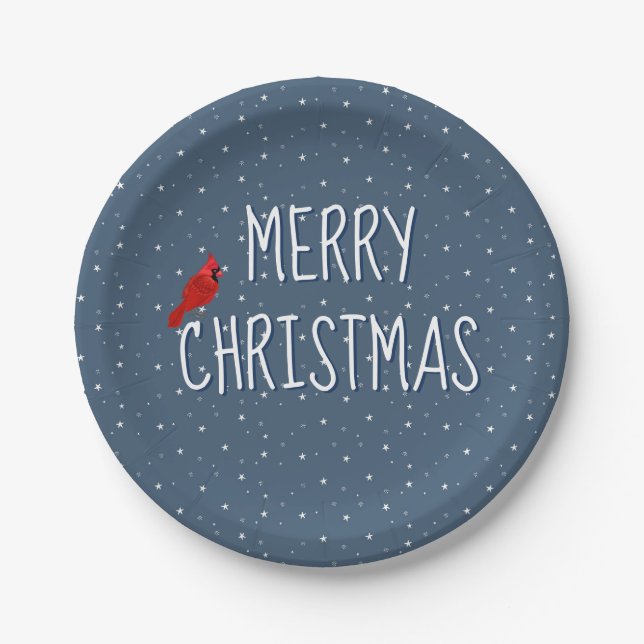 Merry Christmas Cardinal On Stars Paper Plates (Front)