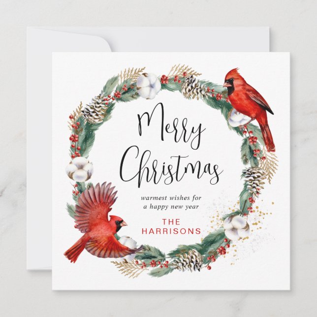 Merry Christmas Cardinal Pine Greenery Wreath Holiday Card (Front)
