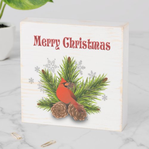 Merry Christmas Cardinal with Pinecones Wooden Box Sign