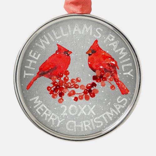 Merry Christmas Cardinals Berries Monogram Silver Metal Ornament