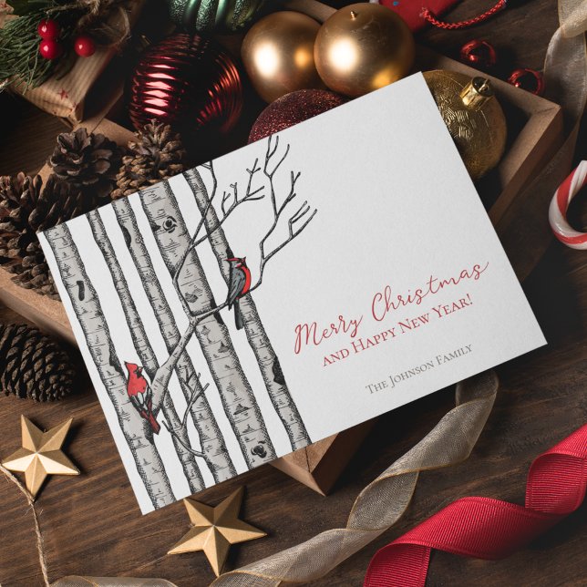Merry Christmas Cardinals Birch Branches Photo Holiday Card (Elegant & Modern Hand-Drawn Merry Christmas Red Cardinal Birds Perched on Birch Tree Branches.)
