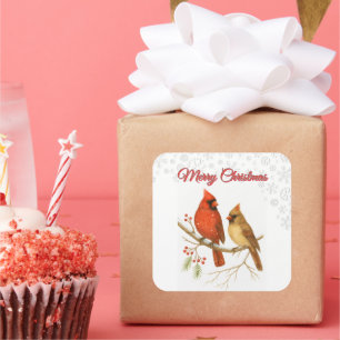 Merry Christmas Cardinals & Snowflake Holiday Square Sticker