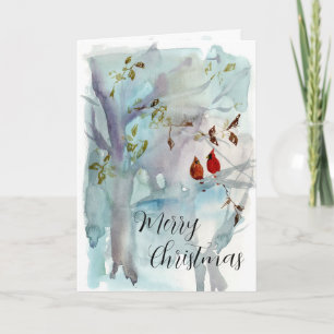 Merry Christmas Cardinals Winter Forest Watercolor Card