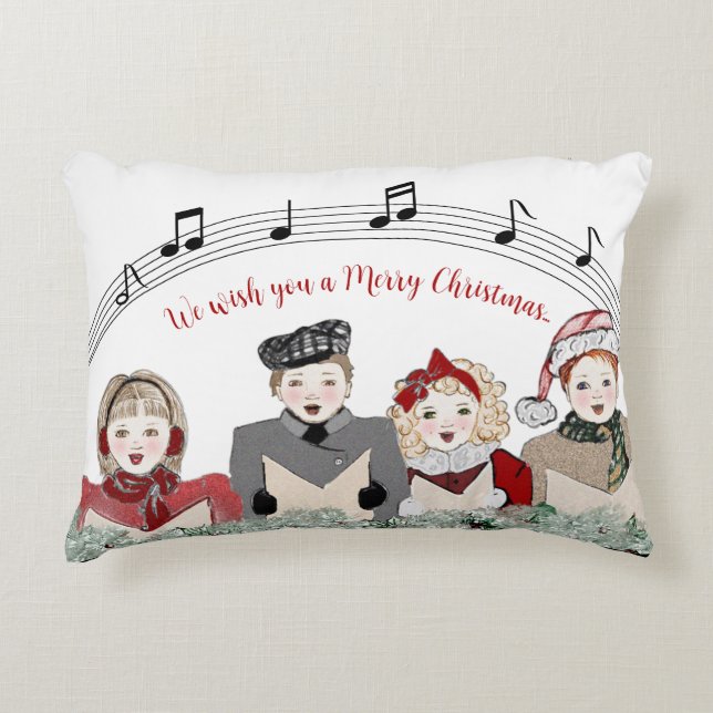 Merry Christmas Carolers Personalized Throw Pillow (Front)