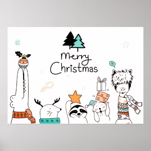 Merry Christmas Cartoon Animals  Holidays Poster