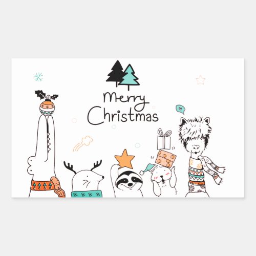 Merry Christmas Cartoon Animals  Holidays Rectangular Sticker