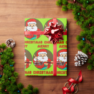 Merry Christmas - Cartoon by Santa Claus and gifts Wrapping Paper